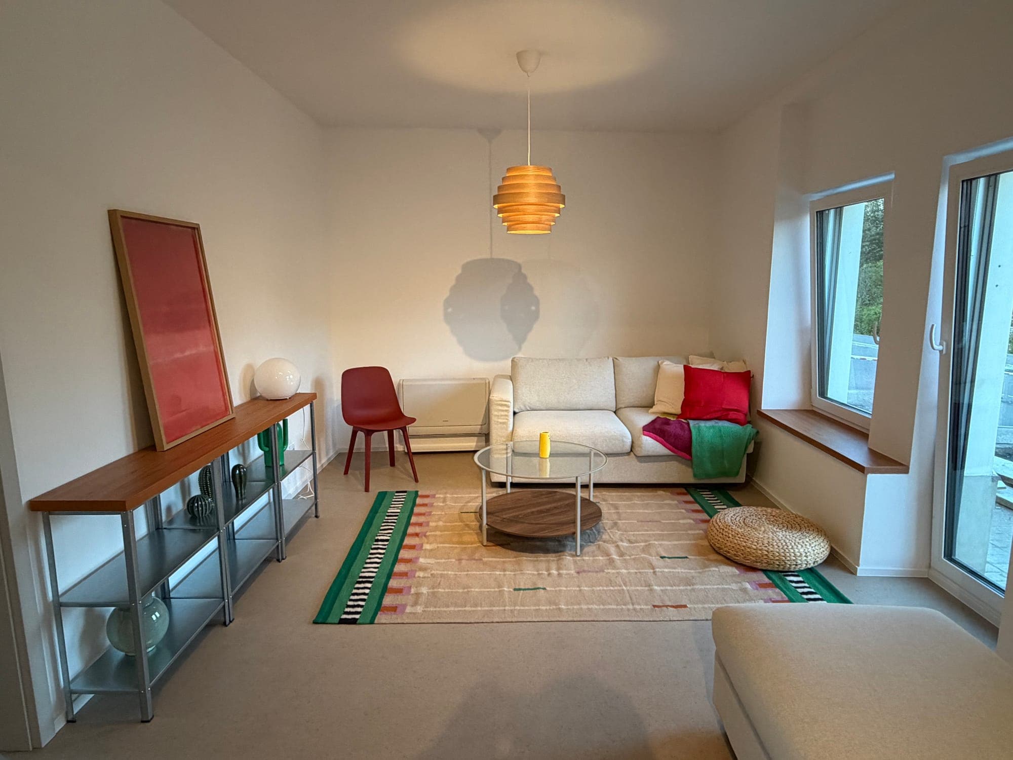 Bright living room with sofa and coffee table